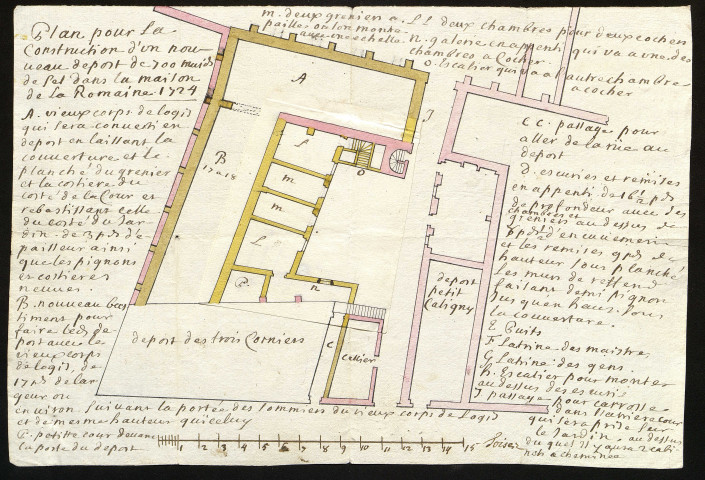 Propriétés à Caen appartenant à la famille Hue de Caligny (rue des Quais, "maison de la Romaine"...) dont certaines servent de logement du personnel de la Ferme, de grenier à sel (dépôts du Petit et du Grand Caligny, des Trois Cornieres) ou d'entrepôt de tabac : baux (1665-1725), devis et plans pour aménagement des logements et construction de nouveaux dépôts pour le sel (1723-1729)