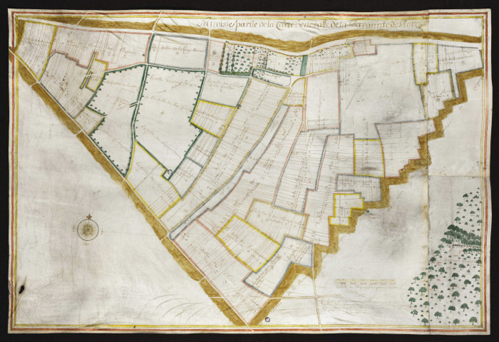 Carte de la baronnie, "Carte généralle de la baronnie de Rots", et une table des dellages de 1749