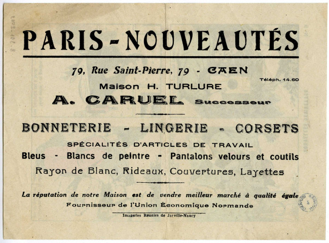 Publicité pour "Paris Nouveautés", 79, Rue Saint-Pierre à Caen (Maison H. Turlure. A. Caruel Successeur). Bonneterie, lingerie... (n°6 à 9)