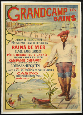 Grandcamp les Bains. Chemins de fer de l'ouest. Gare St-Lazare ligne Cherbourg. Bains de mer. Plage sans danger. Pêche, chasse toute l'année. Promenade en mer. Campagne ombragée. Tramway, voitures publiques. Courses régates. Juillet-août. Hôtel. Villas. Pension de famille. Garnis. Casino. Approvisionnement facile. Marée fraîche.