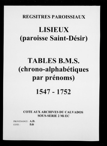 Tables des B.M.S. (1547-1752)