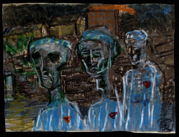 Trois déportés au triangle rouge devant le crématoire (dessin n°21)