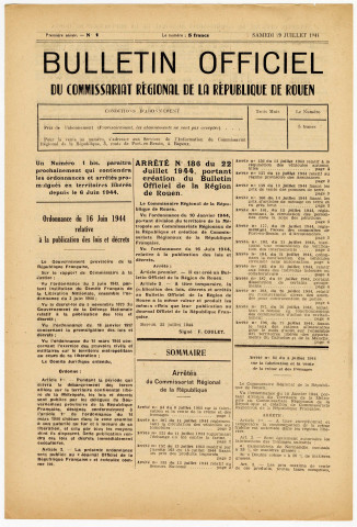 1944 - 1945 : Bulletin officiel du commissariat régional de la République de Rouen, documentation administrative