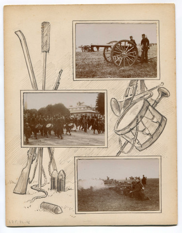 Défilé militaire sur la place Gambetta devant l'Hôtel de la préfecture à Caen (photo n°3) et sur la place du Parc (photo n°75) ; manœuvres et défilés militaires, place du lycée et devant le palais Fontette (photos n°87 et 88)