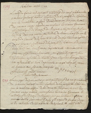 Actes de catholicité B.M. (1796-1805 ; collection d'extraits en désordre chronologique) ; Mariages au chef-lieu de canton : extrait (an VII)