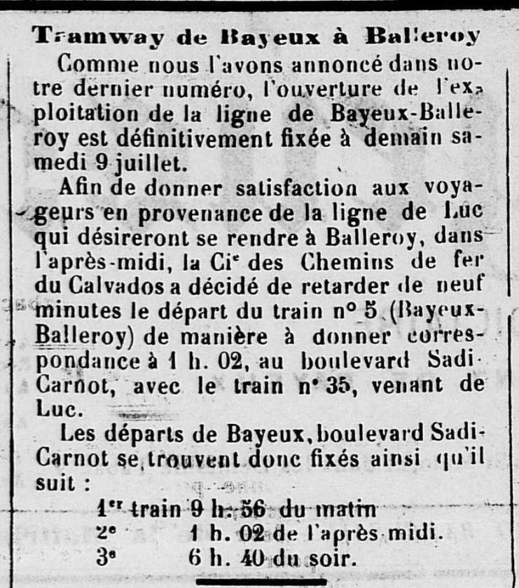 Article évoquant l'ouverture de la ligne de Bayeux à Balleroy fixée au samedi 9 juillet 1904 et indiquant les horaires des départs depuis Bayeux.
