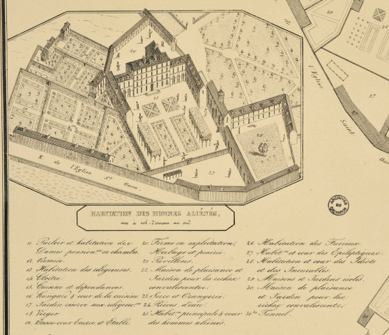 Plan général de la maison du Bon-Sauveur de Caen, par Hallot géomètre et A. Le Cointe lithographe. Avec représentations en élévation des bâtiments.
