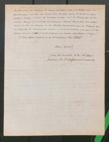 1) - Lettre du comte de Guernon-Ranville, ancien chef de bataillon de la garde impériale et père du ministre de Charles X au général Ernouf lui annonçant les perquisitions faites par ordre du Préfet du Calvados chez les bonapartistes. Le curé Desplats a été arrêté (12 juin 1816). 2) - Autre lettre lui expliquant comment il a conçu et dressé la liste des royalistes purs et sincères de la ville de Caen. 3) - Lettre du chevalier de Guernon-Ranville à ? demandant un rendez-vous (1825).