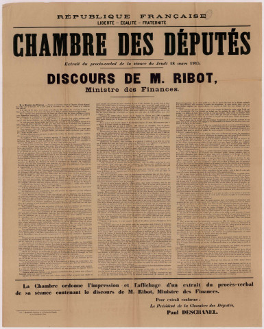 Extrait du procès-verbal de la séance du jeudi 18 mars 1915 tenue à la chambre des députés.