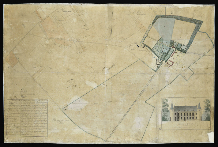 Plan du château et des terres d'Escoville avec indication des propriétés riveraines. Elévation de la façade du château