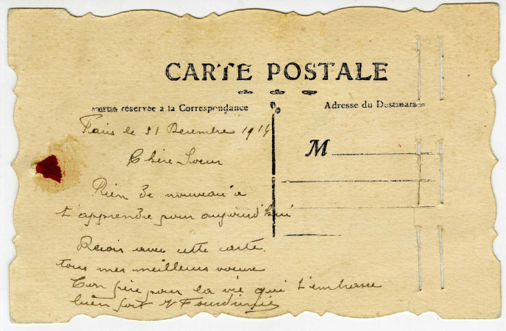 Carte postale envoyé par un poilu à sa soeur
