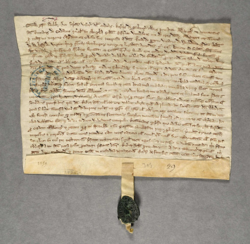Roger de Salinges, procureur de l'abbaye, reconnaît avoir reçu de Richard, vicaire perpétuel de Waldone, et de Robert de Felstède, 25 livres sterling pour divers marchés faits avec eux.