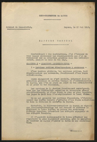 Rapports des mois de mai à décembre 1941