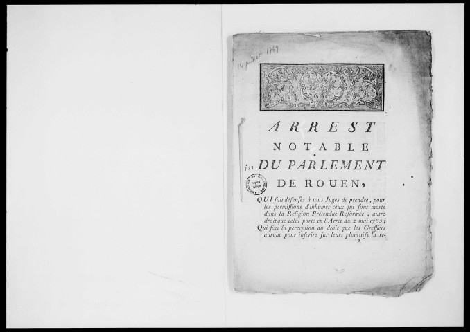 "Arrêt notable du Parlement de Rouen" concernant l'inhumation des protestants