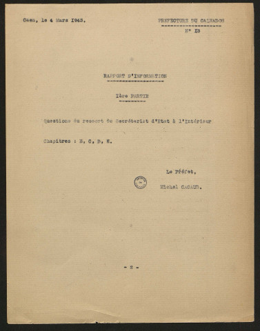 Rapports du préfet Cacaud pour les mois de janvier à décembre 1943