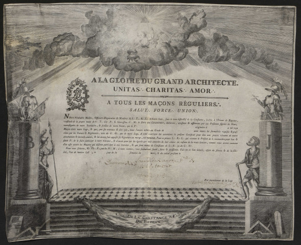 Diplôme de la loge de la Constance à l'Orient de Bayeux pour Léonard de Rampan