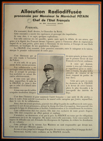 Affiche de l'allocution radiodiffusée du maréchal Pétain du 30 octobre 1940  annonçant la collaboration avec l'Allemagne - 839EDT/138
