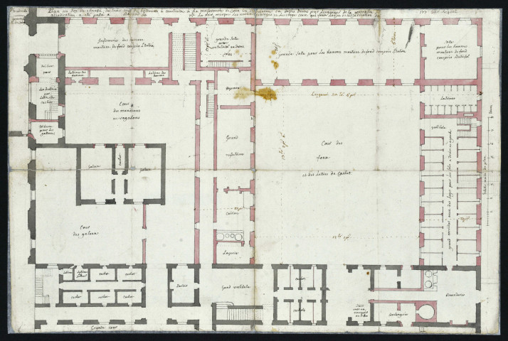 Plan du rez-de-chaussée, des trois cours, des bâtiments à construire