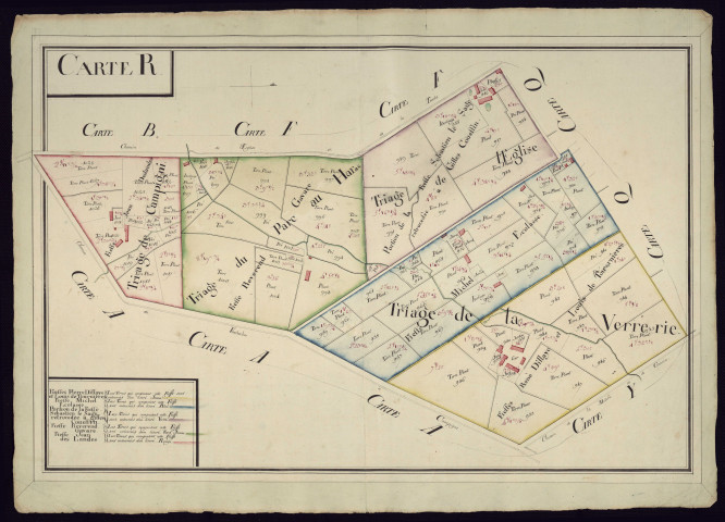 "Carte R : Triage de Campigni, Triage du Parc au haras, Triage de l'église, Triage de la Verrerie" (plans n° 31 et 32)