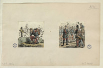 A gauche, soldat agenouillé devant une tombe. A droite, défilé militaire. Par Septime Le Pippre