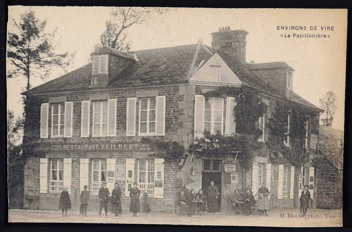 Environ de Vire : La cour de Neuville (n°246) L'église de Neuville (n°247) Restaurant Gilbert "la papillonnière" (n°248) Inauguration du monument aux morts (n°440) Environ de Vire (n°451 et 452)