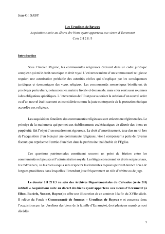 Les Ursulines de Bayeux : acquisitions suite au décret des biens ayant appartenu aux sieurs d'Ecrametot
